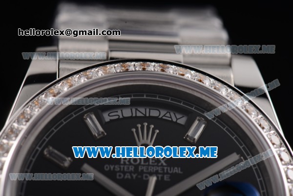 Rolex Day-Date Swiss ETA 2836 Automatic Stainless Steel Case/Bracelet with Black Dial and Stick Markers Diamonds Bezel (BP) - Click Image to Close